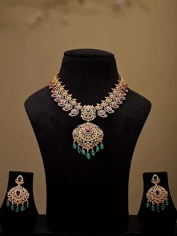 Stone Studded Polki Kundan Necklace and Earrings Set