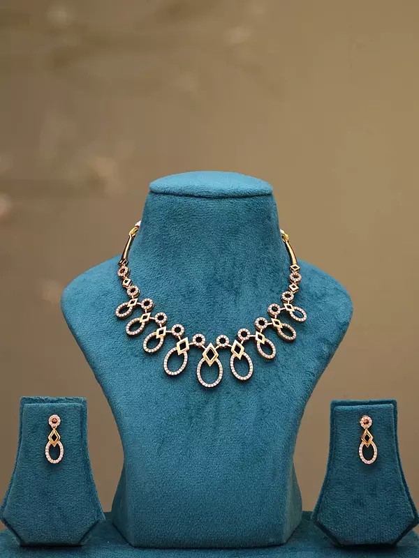 Stone Studded Elegant Geometric Design Necklace and Earring Set