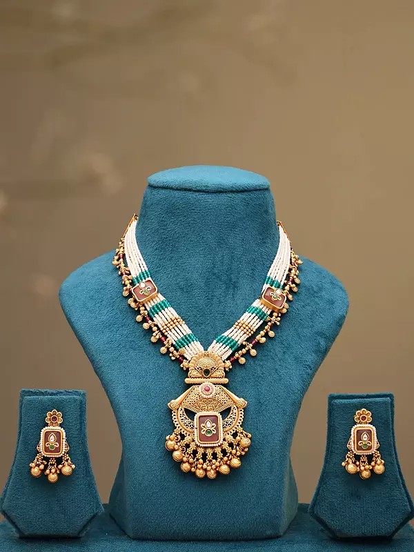 Kundan Temple-Style Beaded Multi-Strand Necklace and Earrings Set with Ghungroo