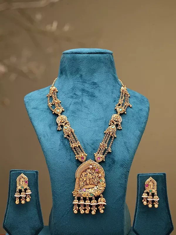 Radha Krishna Temple South Indian Haram Necklace and Earring Set with Ghungroo