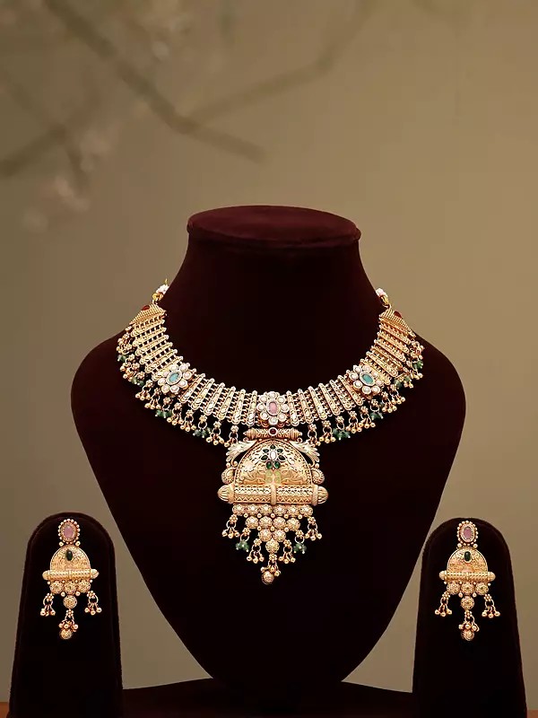 Kundan Stone Studded South Indian Necklace and Earring Set with Ghungroo Drop