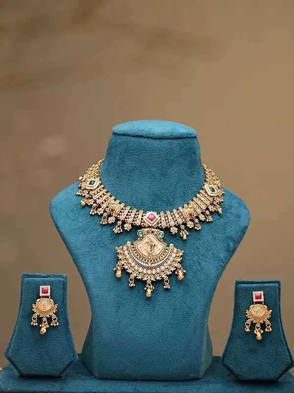 Temple-Style Kundan Stone Studded South Indian Radha Krishna Necklace and Earring Set