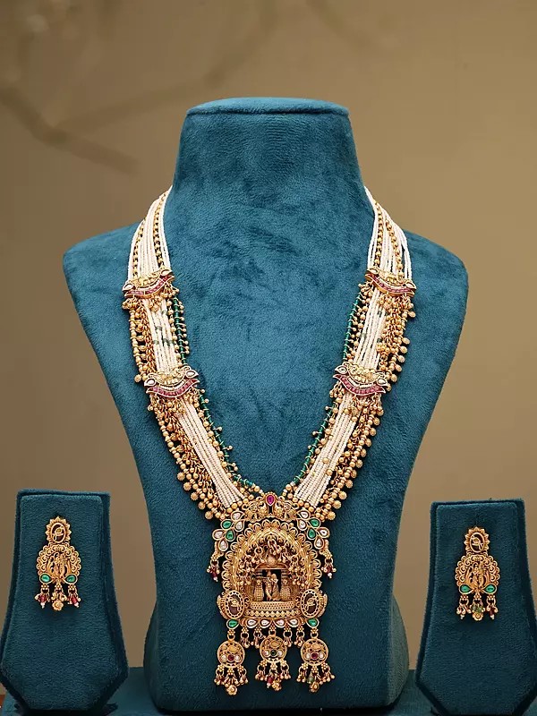 Multi Strand Stone Studded Radha Krishna Rajwadi Rani Haar Set with Bead Drop