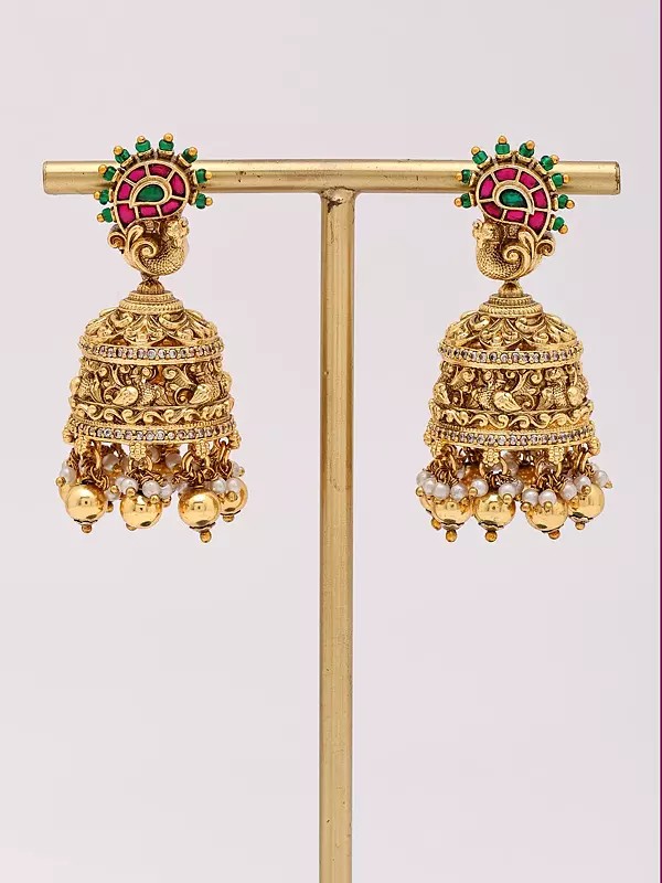 Stone Studded Peacock Antique Jhumka Earrings