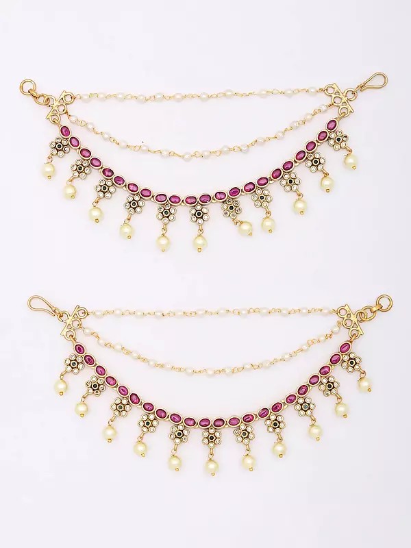 Stone Studded Ear Chains with Pearl Drops (Pair)