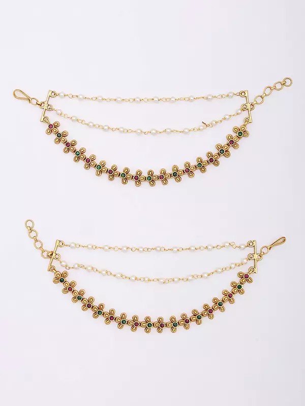 Bridal Floral Three Layer Ear Chain (Kaan Chain) Pair