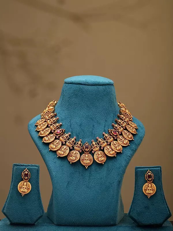 Goddess Lakshmi South Indian Kasu Necklace and Earring Set