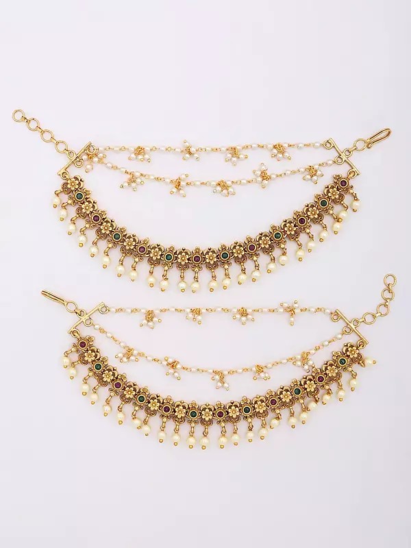 Bridal Floral Mattal (Ear Chain) with Pearl Drops (Pair)