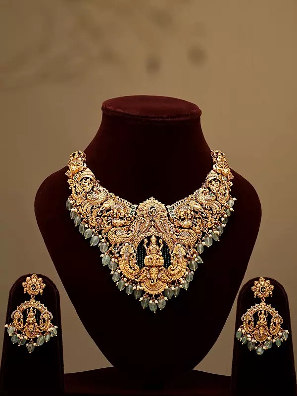 Traditional Lakshmi Ganesha Necklace and Earring Set with Green Beads