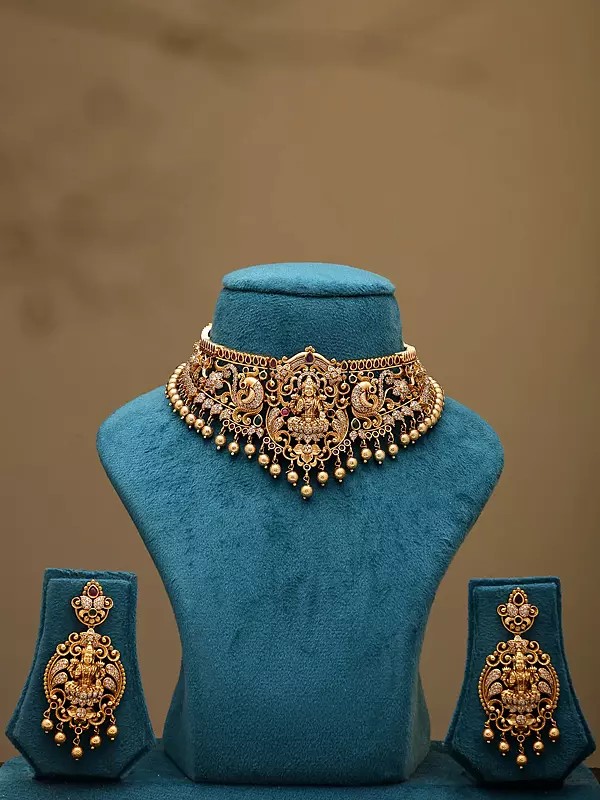 Stone Studded Goddess Laxmi Choker Necklace and Earring Set