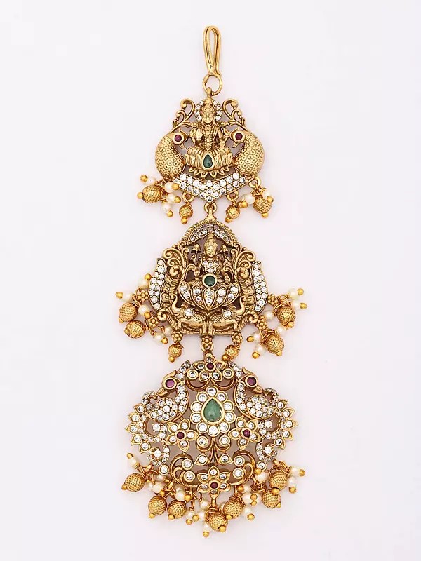 Stone-Studded Goddess Lakshmi Peacock Design Maang Tikka