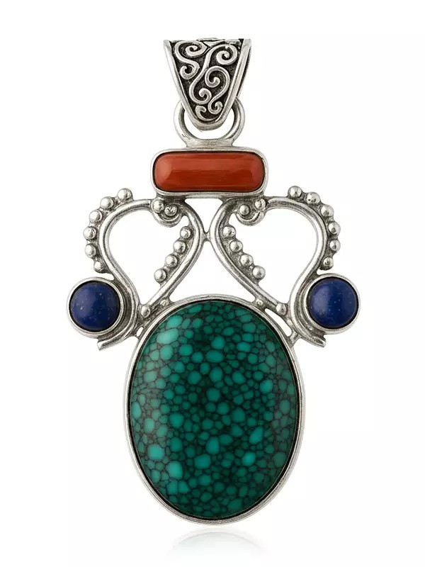 Spider's Web Turquoise Pendant with Coral and Lapis Lazuli