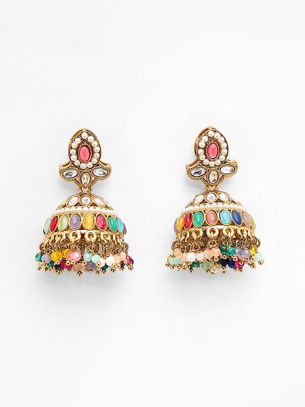 Dome Shaped Multicolor Stone Studded & Beaded Jhumka