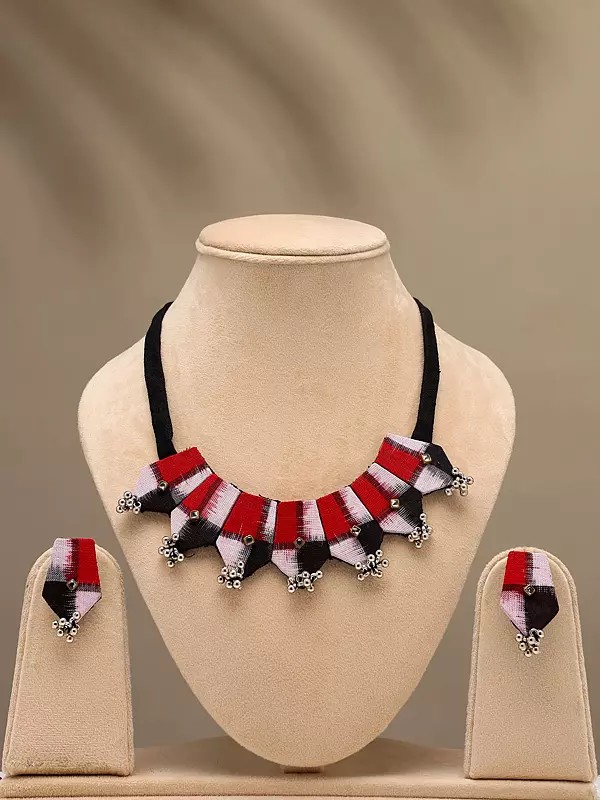 Handloom Sambalpuri Fabric Necklace and Earrings Set with Dangling Beads