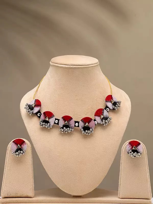 Stone Studded and Beaded Handloom Sambalpuri Fabric Choker and Earrings Set