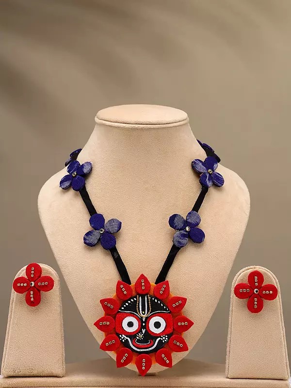 Hand-Painted Jagannath Ji Sambalpuri Fabric Necklace Set with Earrings