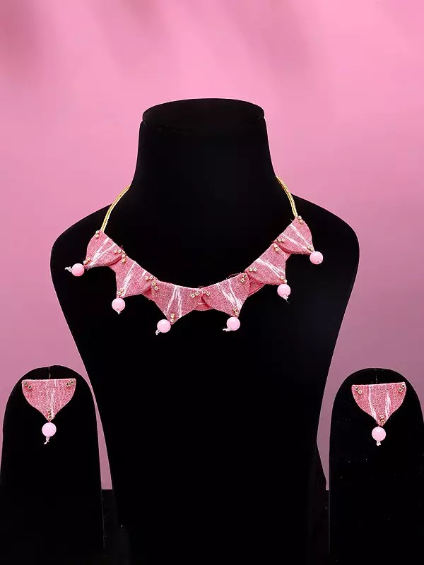 Pink Handloom Sambalpuri Fabric Choker & Earrings Set with Beads Drop