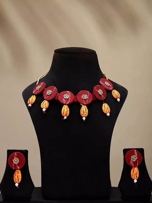 Stone Studded Handloom Sambalpuri Fabric Choker & Earrings Set with Dangling Stones