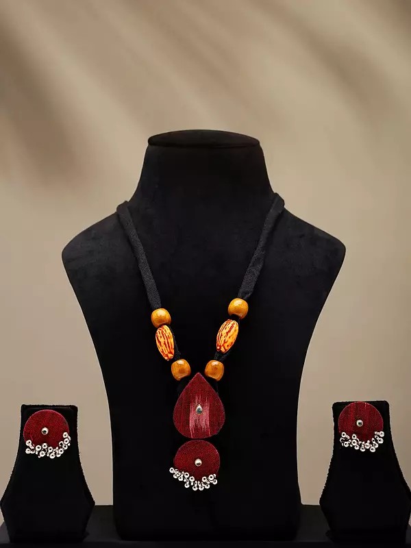 Handloom Sambalpuri Fabric Long Necklace and Earrings Set