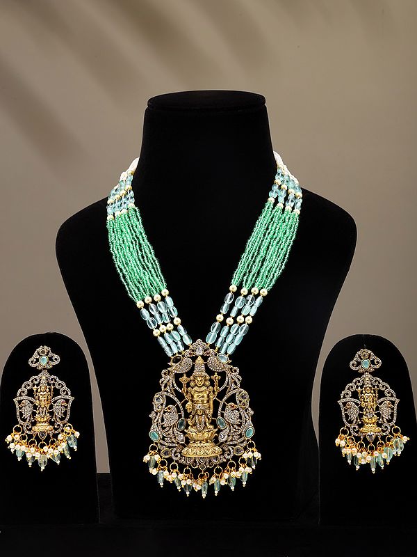 Green & White Beaded and Stone Studded Lord Venkateshvara with Goddess Lakshmi Long Necklace and Earrings Set