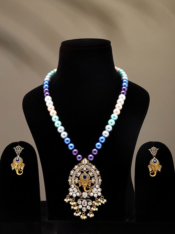 Lord Ganesha Head Necklace with Multicolor Pearl Long Strand