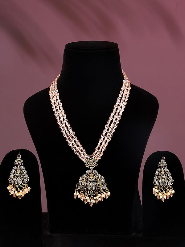 Stone Studded Goddess Gajalakshmi Long Necklace and Earrings Set with Beaded Three Strand