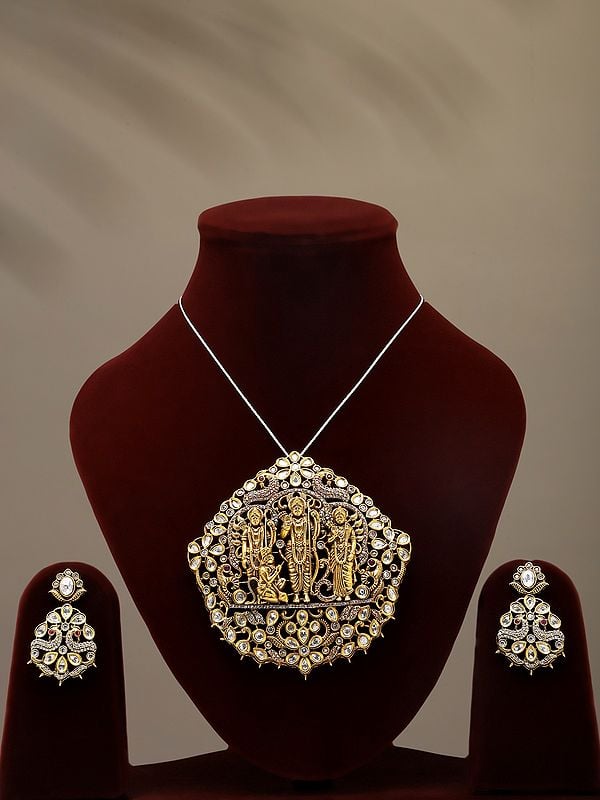 Stone Studded Ram Darbar Pendant and Earring Set