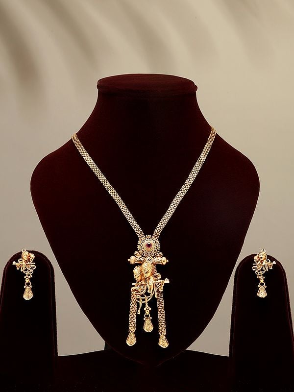 Fluting Radha Krishna Long Necklace Set with Earrings