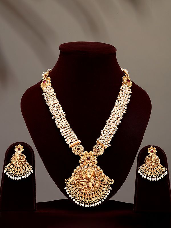 Fluting Radha Krishna Long Necklace and Earring Set with Beads