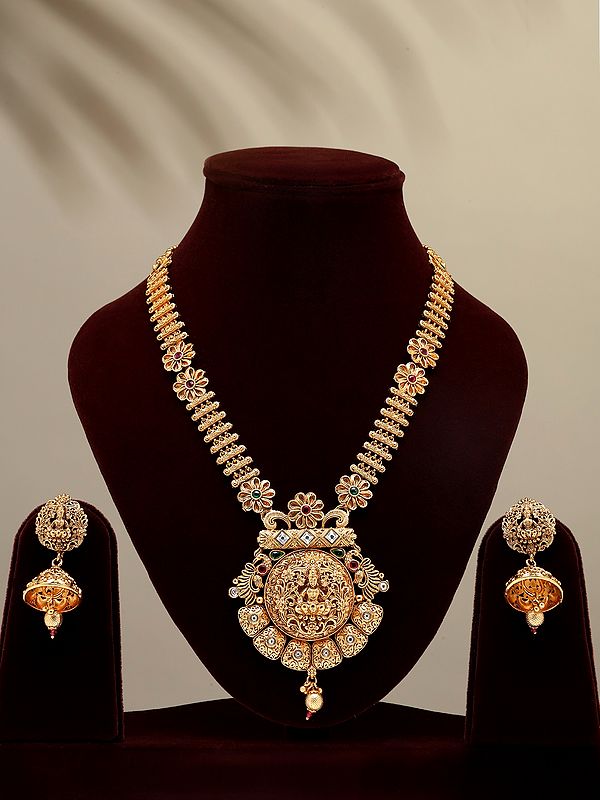 Goddess Lakshmi Long Temple Necklace and Earring Set with Beads