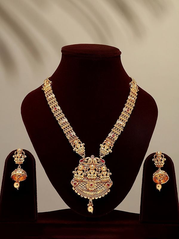 Trio Goddess Lakshmi Long Necklace Set with Earrings