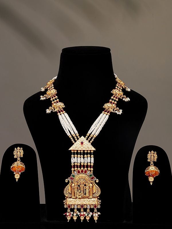 Stone Studded and Beaded Ram Darbar Long Necklace Set with Earrings