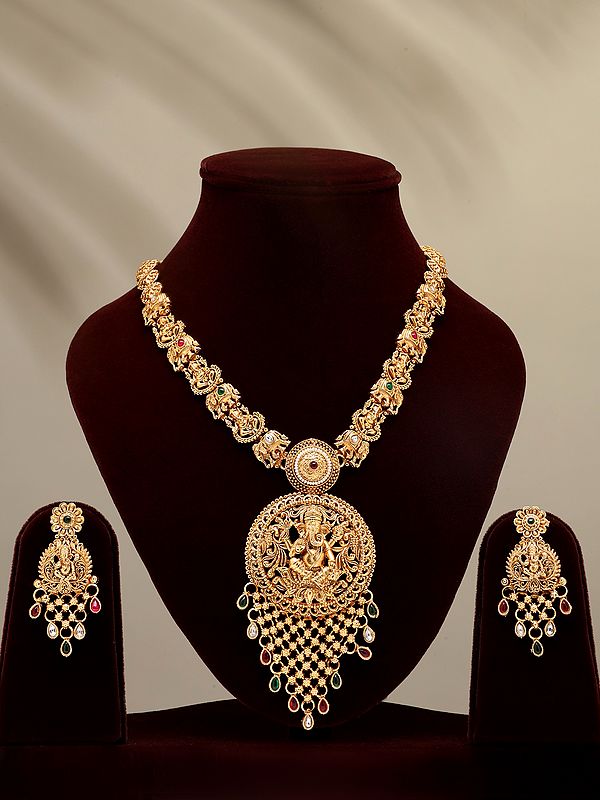 Stone Studded Blessing Lord Ganesha long Necklace Set with Earrings