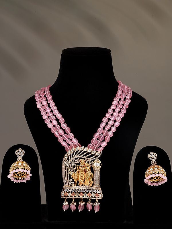 Kundan and Stone Studded Radha Krishna Multi Strand Long Necklace Set with Earrings