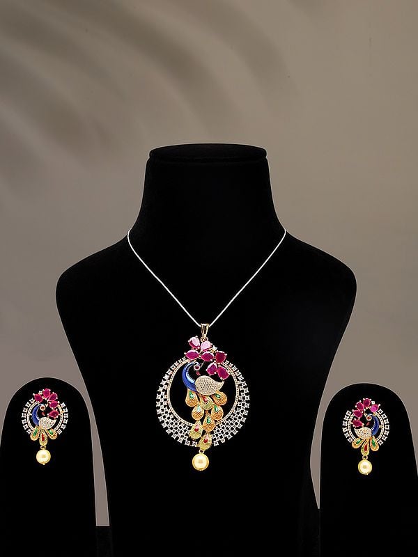 Multicolor Stone Studded Peacock Pendant and Earrings Set with Pearl Drop