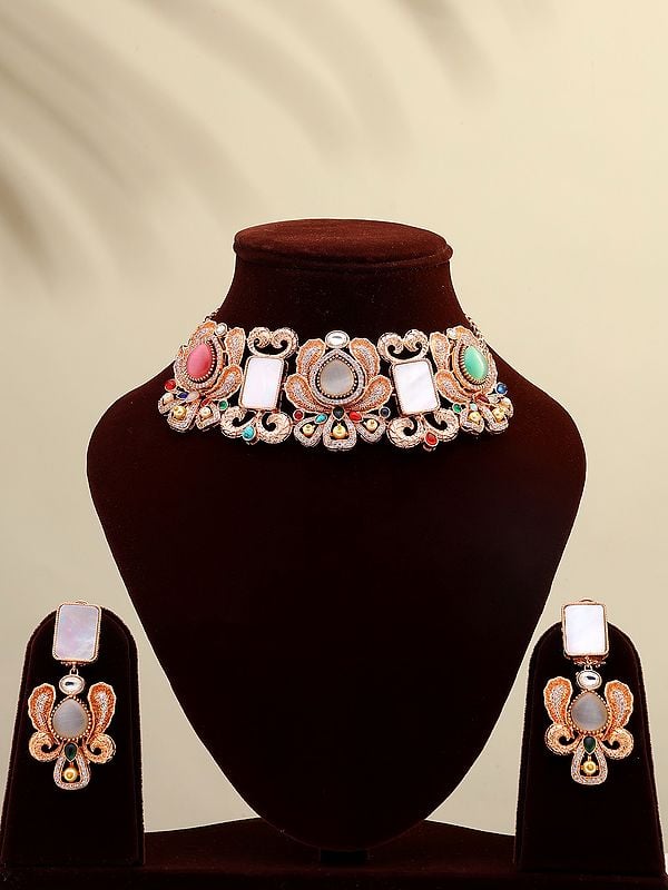 Rose Gold Color Floral Choker and Earrings Set with Multicolor Stone