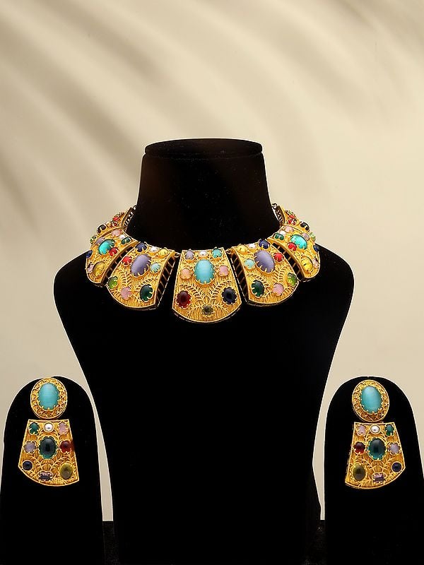 Multicolor Stone Studded Collar Necklace Set with Earrings