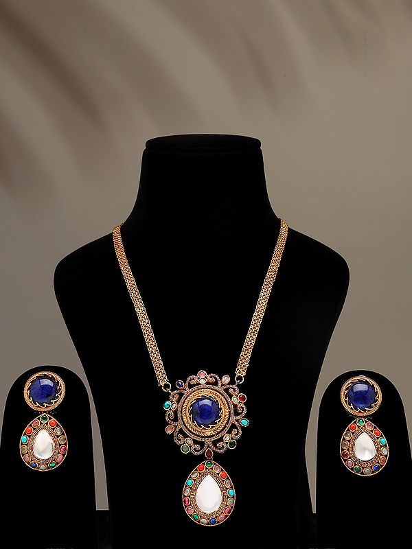 Textured Chain Multicolor Stone Studded Long Necklace Set with Earrings