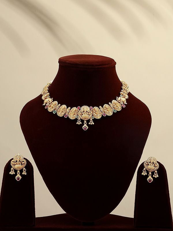 Traditional South Indian Temple Goddess Laxmi Necklace and Earrings Set