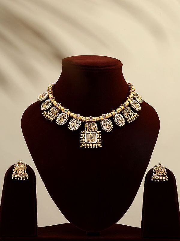 Stone Studded and Beaded Goddess Lakshmi Necklace Set with Earrings