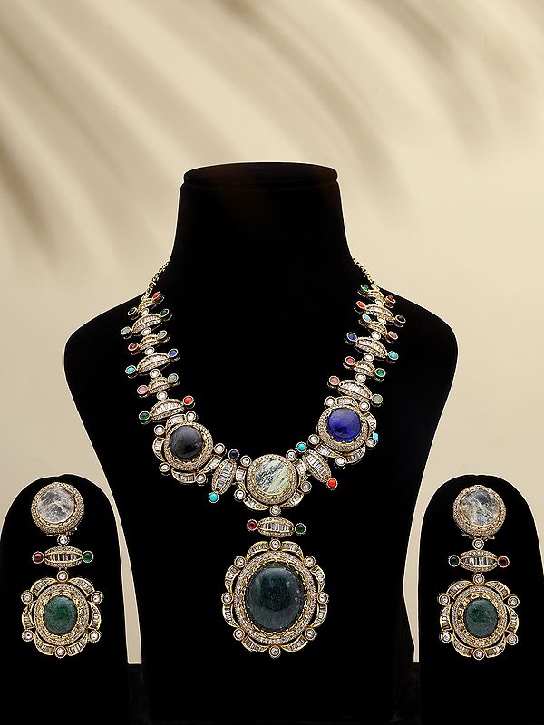 Glass Stone Studded Long Necklace Set with Earrings