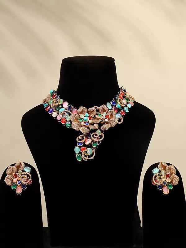 Designer Floral Design Choker Necklace Set with Earrings