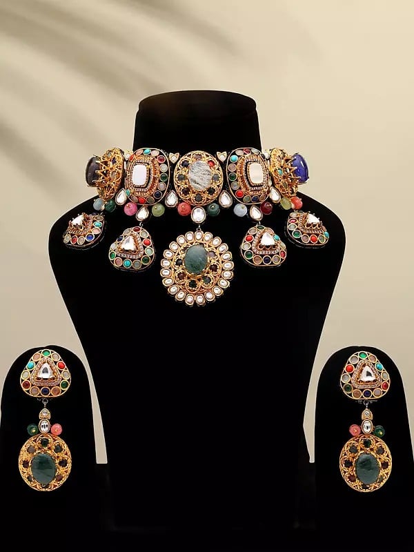 Multicolor Stone Studded Choker and Earrings Set