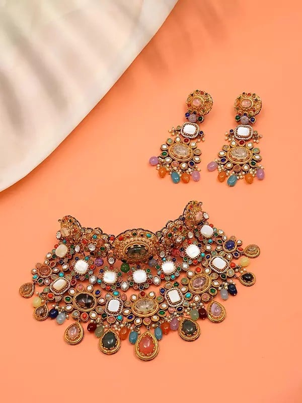 Padmavati Multi Stone Studded Choker Necklace Set with Earrings