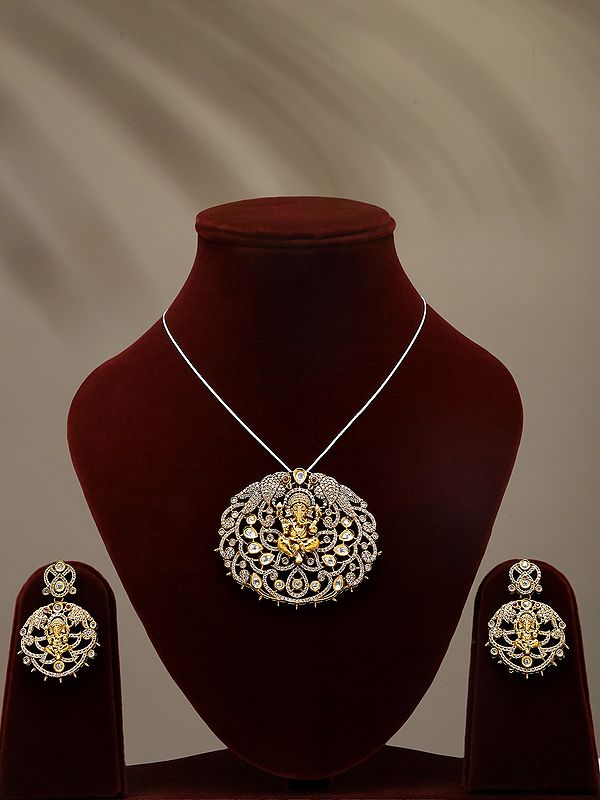 Stone Studded Blessing Lord Ganesha Pendant and Earrings Set