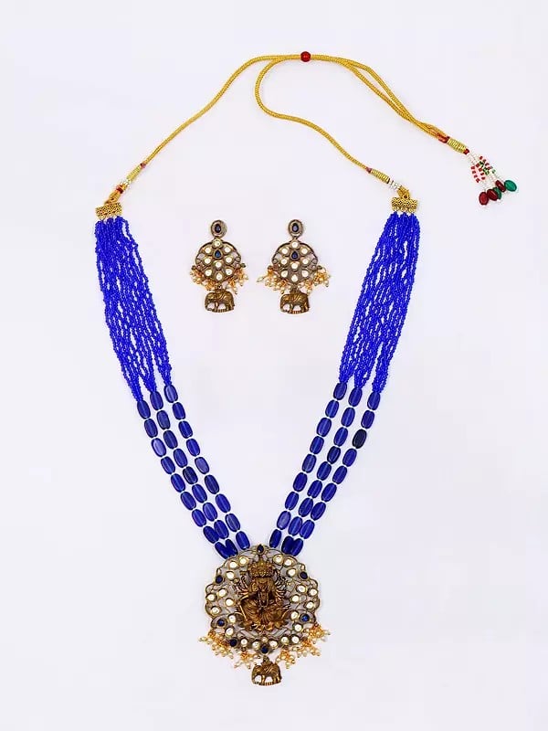 Panchmukhi Goddess Lakshmi Long Necklace and Earrings Set with Stones and Beads