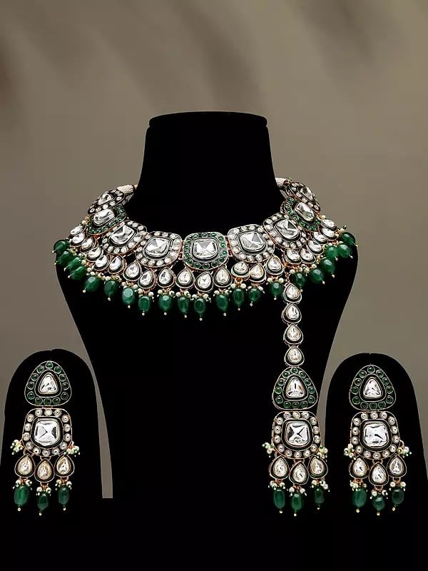 Stone and Kundan Studded Jewelry Set with Green Beads Drop