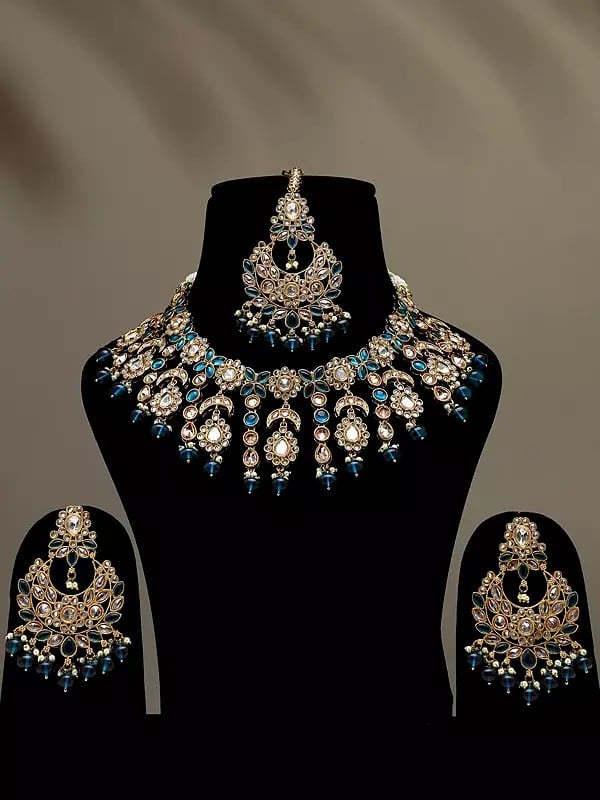 Floral Design Dark Teal Stone Studded Necklace Set with Earrings and Mangtika