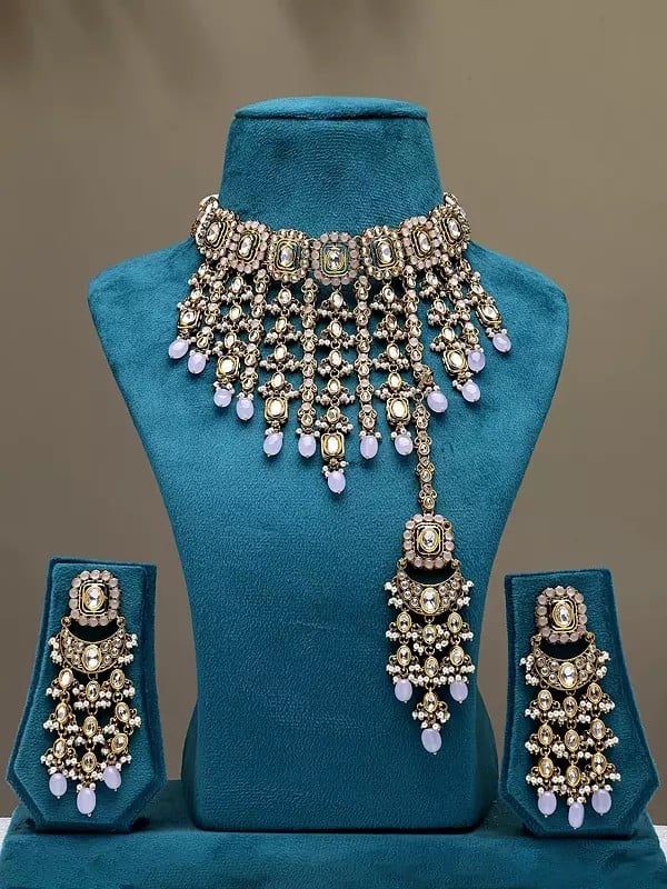 Stone Studded Choker Necklace Set with Earrings and Mangtika