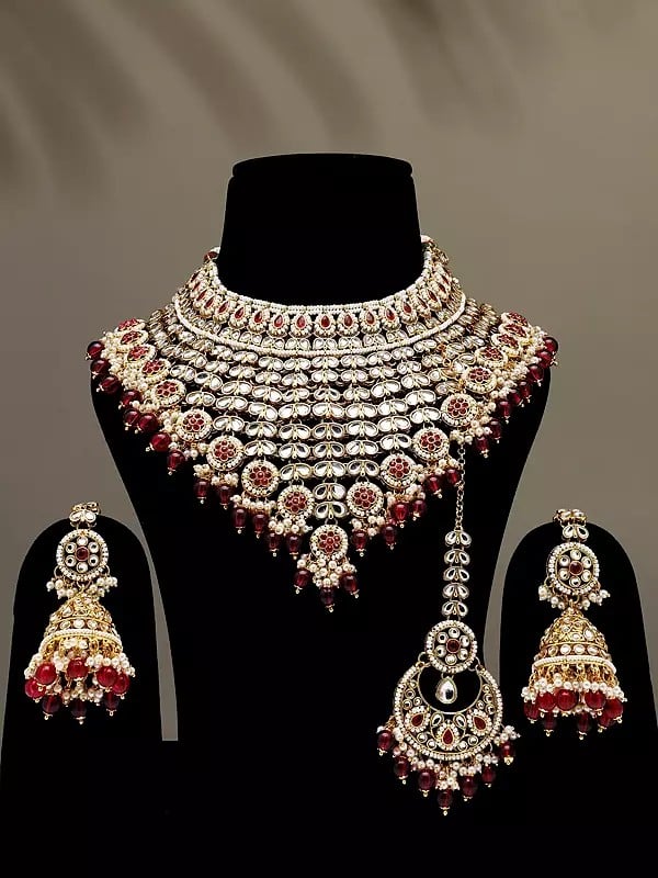 Stone Studded and Beaded Choker Necklace Set with Mangtika and Earrings with Chain